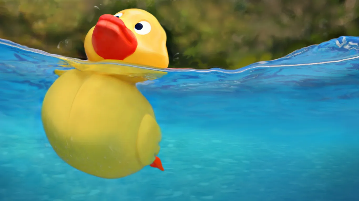 A rubber duckie floating in water, looking like it might drown.
